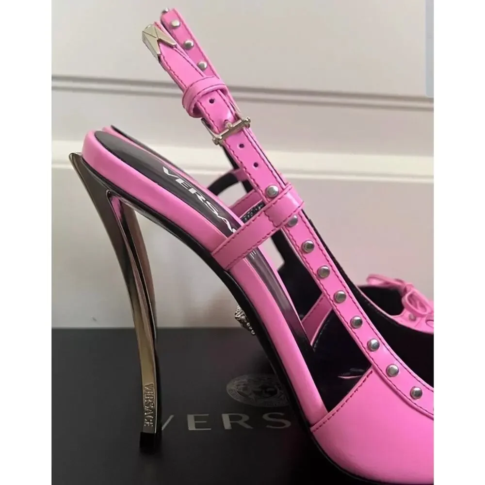 $1575 Sz EU 41 US 11 Versace Lace Slingback Pink Heels Leather